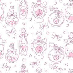 Outline Vintage Seamless Pattern. Coquette Magic Bottle and Perfume with Ribbon Bow. Girly Vibe