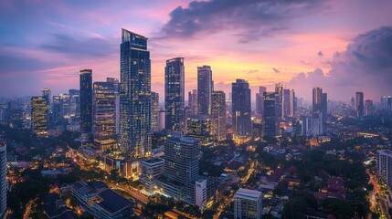 Obraz premium Spectacular Skyline View of a Metropolis at Twilight with Dazzling City Lights