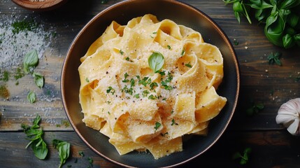 Delicious Creamy Pasta Served in a Bowl With Herbs and Garnishes on a Wooden Table