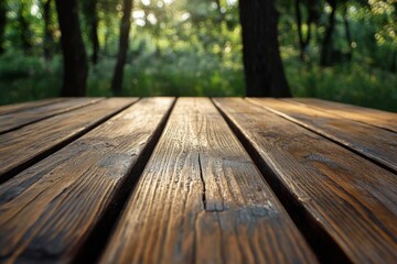 Fototapeta premium Empty wooden deck in a forest during daytime