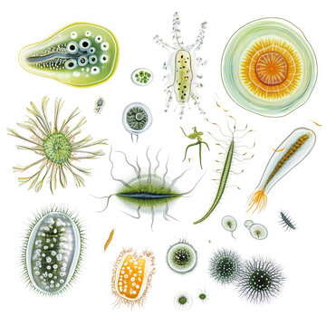 Diverse marine phytoplankton and zooplankton, showcasing various protists and microorganisms in vibrant colors, illustrating beauty of microscopic life in aquatic ecosystems