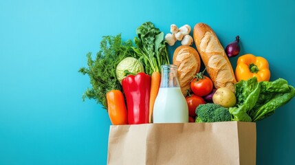 Fresh produce and bakery items overflowing from a brown paper grocery bag against a bright solid background
