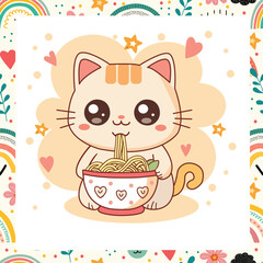 Cute Cat Eating Noodle Cartoon Icon Illustration