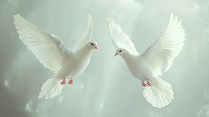 Two white doves in flight, soft background