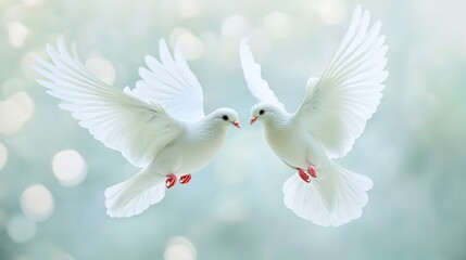 Fototapeta premium Two white doves in flight, soft background