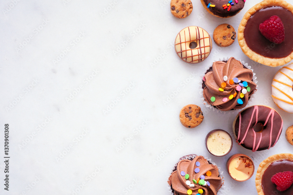 Poster dessert side border with a variety of sweets. top view on a white stone background with copy space.