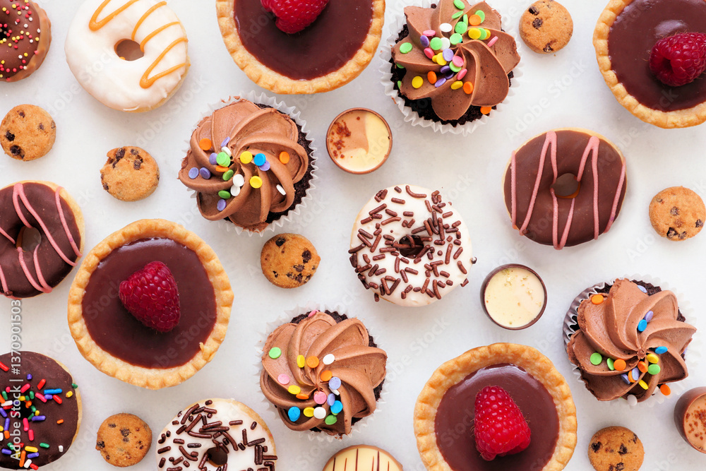 Poster dessert background with a selection of sweets. top view on a white stone background.