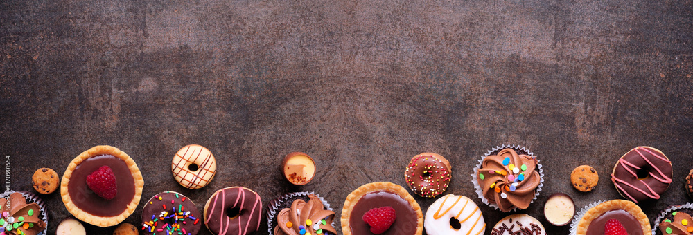 Leinwandbilder Dessert bottom border with a collection of sweets. Top view on a dark stone banner background with copy space.