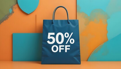 A shopping bag mockup set on a vibrant  background, showcasing its design 50 % off 