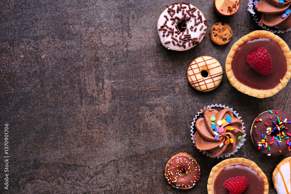 Poster Dessert side border with assorted sweets. Top view on a dark stone background with copy space.
