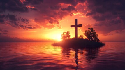 Majestic Cross Silhouette Against Vibrant Sunset Sky: A Symbol of Faith, Spiritual Reflection, and Nature's Serene Beauty Captured in Tranquil Twilight Colors