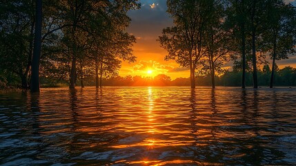 River illuminated by glowing sunset colors high resolution picture