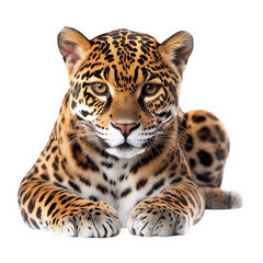 Obraz premium Majestic jaguar with striking spotted fur, showcasing its powerful build and intense gaze. This magnificent creature embodies strength and beauty in wild