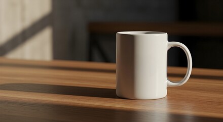 Fototapeta premium White Ceramic Mug on Wooden Table with Sunlight and Shadow Effect