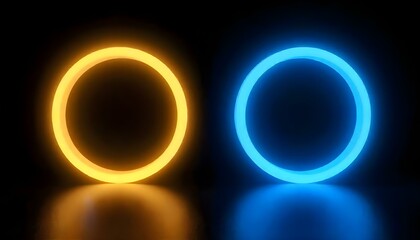 Two glowing circles, one yellow and one blue, stand out against a black background