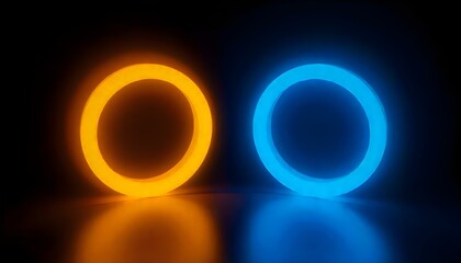 Two glowing circles, one yellow and one blue, stand out against a black background