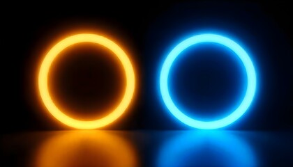 Two glowing circles, one yellow and one blue, stand out against a black background