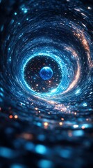 Swirling cosmic tunnel with glowing stars and a distant planet in a mesmerizing visual display