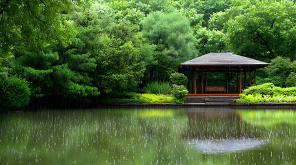 Rainy Garden Pavilion with Sparkling Pond