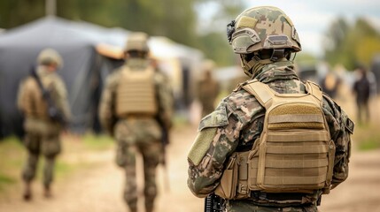 Fototapeta premium Military personnel on duty tactical area photography outdoor rear view security in geopolitical context