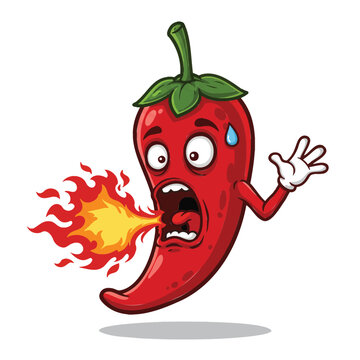  Fiery Spice: A comical red chili pepper character cartoonishly exudes fire from its mouth, a humorous embodiment of spiciness.