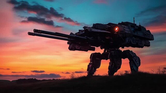 A robot with two arms standing on a hill at sunset. Smooth repeating motion for background video animation.
