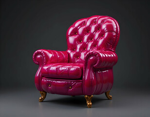 A single magenta leather armchair is centered on a grey background