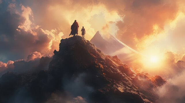 Abraham climbing a mountain with Isaac, the sky above glowing softly, each step heavy but purposeful, the top of the mountain barely visible, symbolizing the altar.