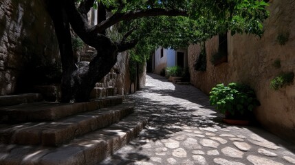 Fototapeta premium Shady, ancient alleyway with stone steps