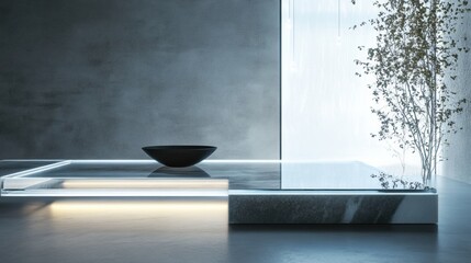Futuristic design features floating transparent glass panels, glowing edges, black bowl, and minimalist aesthetics in a tranquil indoor atmosphere
