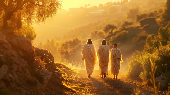 Jesus walking on the road to Emmaus with two disciples, wearing a white flowing robe, the disciples in traditional Biblical attire, realistic and highly detailed, dusty path surrounded․
