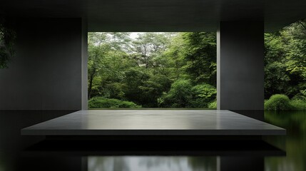 Fototapeta premium Modern minimalist interior space with a view of lush greenery. A concrete platform sits in a dark room, opening to a tranquil garden