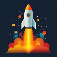 Fototapeta premium Colorful rocket launching from a futuristic city creating vibrant clouds at night