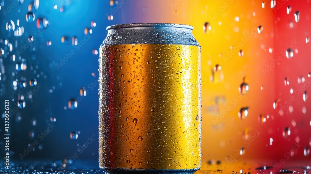 Poster classic soda can glistening with condensation against a vibrant colorful backdrop creating reflectio
