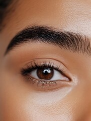 Obraz premium Beauty close-up of a woman�s perfectly arched eyebrows with glowing highlighter, soft-focus neutral background