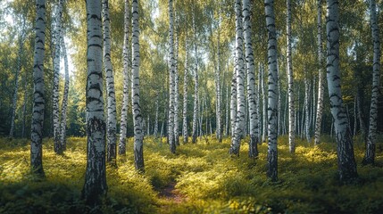 Fototapeta premium Realistic photo of birches in a serene forest landscape.
