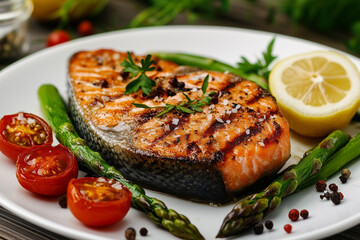 Fried salmon steak with cooked green asparagus, cherry tomatoes and lemon slices served on white plate.