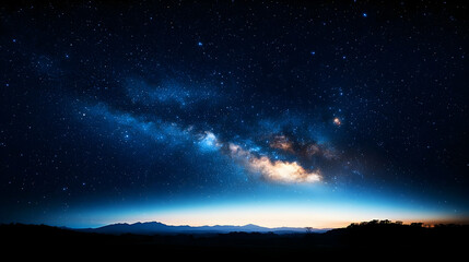 Naklejka premium Vast Milky Way Galaxy Over Silhouetted City Landscape At Dawn