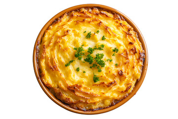 Golden shepherd's pie topped with fresh parsley, served in a round bowl.