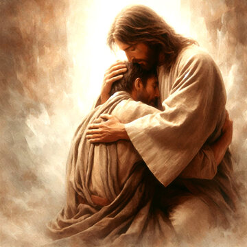 Jesus Embracing a Man in a Comforting Hug &ndash; Spiritual Watercolor Digital Painting