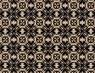 A black and beige floral pattern featuring various flowers in a harmonious design