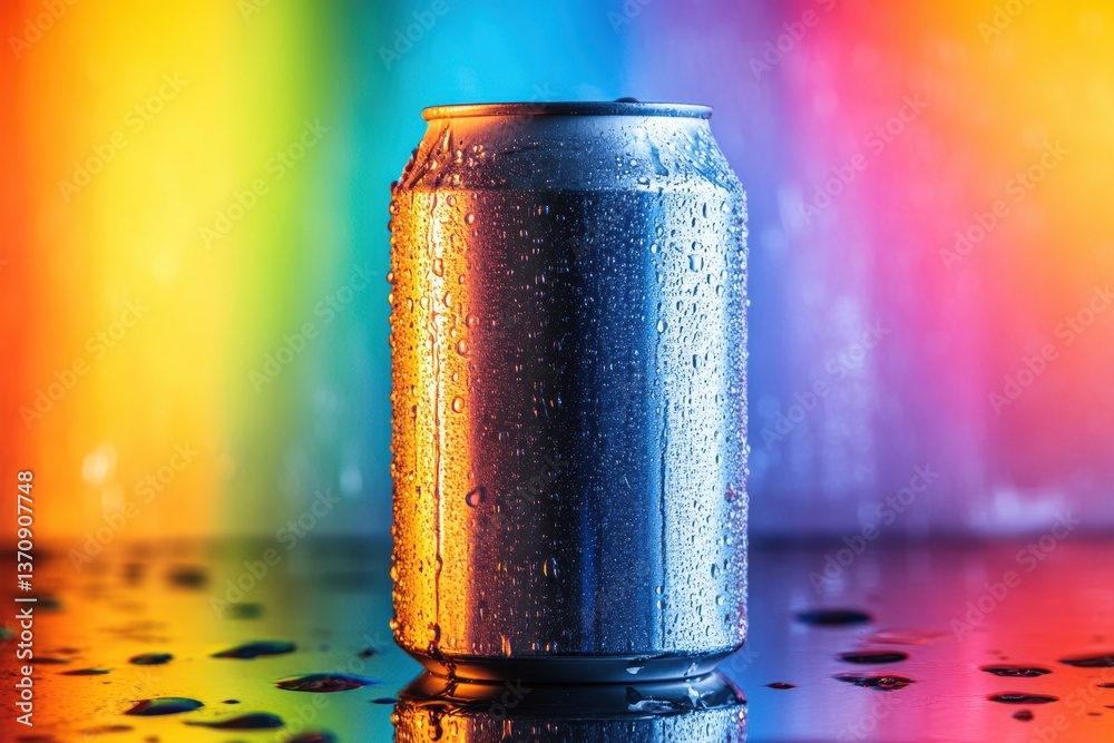 Aufkleber soda can with condensation set against colorful backdrop showcasing reflections and vibrancy