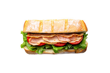 Delicious sandwich filled with lettuce, tomatoes, and layers of sliced turkey.