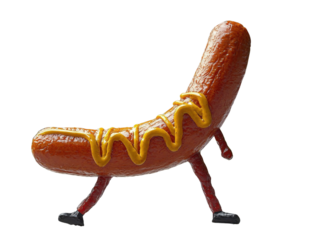 Playful Sausage with Mustard: A whimsically animated sausage, adorned with a zig-zag of mustard, strikes a pose with its legs.