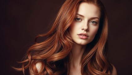 Fototapeta premium Elegant portrait featuring a woman with vibrant auburn hair, exuding beauty and confidence. Her expressive gaze and natural charm are emphasized by a soft brown background and flowing hair.