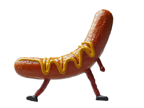 Playful Sausage with Mustard: A whimsically animated sausage, adorned with a zig-zag of mustard, strikes a pose with its legs.