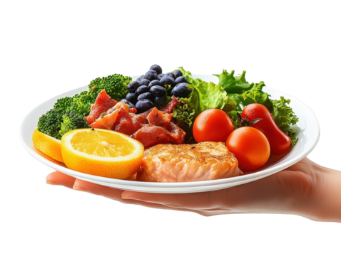 Balanced Meal: A hand presents a vibrant plate of a balanced meal, featuring salmon, tomatoes, broccoli, berries, and fresh lettuce, highlighting the beauty and nutritional value of healthy eating. 