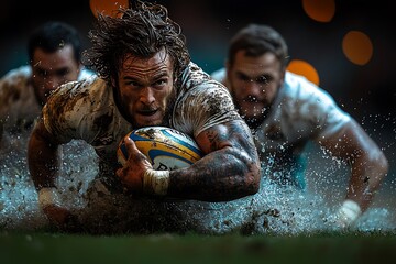 A determined rugby player dives towards the try zone to score