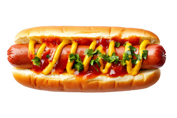 A delicious hot dog topped with mustard, ketchup, and fresh cilantro.