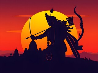 Silhouette of Lord Rama with bow and arrow, temples and sunset. Indian mythology, religion, Hindu god, dusk.